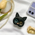 Cute black cat foldable phone grip with blue and gold eyes on purple case detail - 3D Black Cat Bracket - Gold Blue Heterochromia