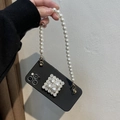 Black iPhone case with luxury pearl handbag chain and rhinestone retro square ornament - Compatible for 7/8/SE 2020 / Black with Pearl Stand and Short Pearl Chain