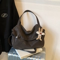 Grande borsa tote vintage in pelle PU marrone opaco con ciondolo a coniglio - Con Ciondolo / Marrone