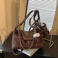 Retro brown suede crossbody bag with white grid stitching and golden chain detail - With Pendant / Brown