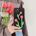 Custodia per iPhone 16 15 14 13 nera con design 3D a tulipano rosa in silicone - Bordo Dritto Finta Liquida-Tulipano / iPhone 13PRO