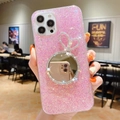 Custodia rosa glitterata per iPhone con supporto a specchio e orecchie di coniglio - Rosa / iPhone 12 Pro Max