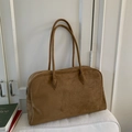 Brown suede minimalist tote bag with long handles and silver zipper for daily commute - Brown