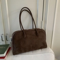 Minimalist large brown suede tote bag with long shoulder straps and silver metal zipper - Brown