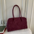Large burgundy suede bowling tote bag with long handles for shoulder or hand carry - Burgundy
