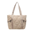 Quilted beige puffer tote bag with diamond stitching and dual side metal zippers - Khaki