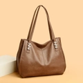 Elegant brown leather tote bag with lychee texture and silver Z-shaped metal hardware - Khaki / One Size
