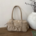 Vintage Beige Wildleder Boston Tasche mit Schleifen-Detail und Doppelgriffen - Khaki