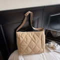 Chic beige quilted puffer tote bag with adjustable shoulder strap and side zipper - Khaki