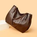 Fashionable dark brown pebble leather tote bag with unique silver Z-shaped metal buckles - Brown / One Size
