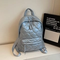 Chic silver blue quilted puffer backpack with large capacity and woven zipper details - Blue