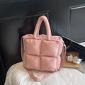 Pink quilted puffer tote bag with detachable strap and large square stitching detail - Pink