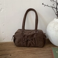 Borsa bowling vintage in pelle scamosciata marrone scuro con fiocco e manici lunghi - Marrone