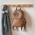 Brown lychee grain leather backpack with double silver zippers and side pockets - Khaki