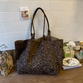 Bolso tote de lona con estampado de leopardo para mujer con amplio interior y asas finas - Café Grande Estampado de Leopardo