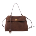 Borsa a mano retrò in pelle scamosciata marrone scuro con chiusura dorata girevole - caffè
