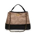 Quilted bucket bag in brown suede and black leather with gold chain strap - Khaki