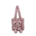Pink plush teddy bear tote bag with soft faux fur and large shoulder strap for women - Deep Pink