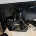 Vintage black large capacity tote bag in glossy leather with decorative eyelets - Large / Black
