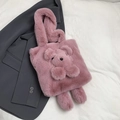 Borsa tote in peluche rosa con orsetto 3D e morbida pelliccia sintetica per l'inverno - Rosa scuro