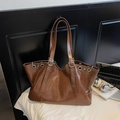 Vintage brown leather tote bag with silver buckle details and large capacity for women - Large / Brown