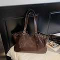 Retro dark brown oversized tote bag in oily leather with metal eyelet details - Large / Coffee