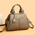 Brown lychee texture Boston handbag with adjustable shoulder strap and metal rivets - Khaki
