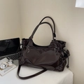 Deep brown glossy patent leather tote bag with shoulder strap and drawstring detail - Coffee