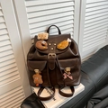 Dunkelbrauner Vintage-Rucksack aus Kunstleder mit Plüschbären und vielen Taschen - Braun