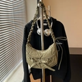 Olive green nylon crescent bag with ruched shoulder strap and large bow detail - Dark Green