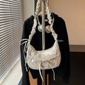 Chic beige nylon shoulder bag with pleated drawstring strap and bow detail - White