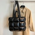 Chic black quilted down tote bag with a glossy finish and spacious square structure - Black