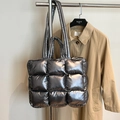Chic silver quilted puffer tote bag with metallic finish for daily commuting fashion - Gunmetal