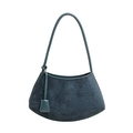 Borsa a spalla retrò in pelle scamosciata blu scuro, design a mezzaluna minimalista - Blu