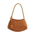 Borsa tote in camoscio marrone con forma a mezzaluna e tracolla in pelle annodata su bianco - Marrone