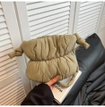 Detail view of khaki quilted cloud bag with soft pleated texture and knot handle strap - Bean Green