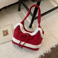 Borsa tote in camoscio rosso con finiture in ecopelliccia bianca e fiocco carino - Rosso