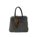 Furry dark gray tote bag with black woven handles and a cute plush ball charm - With Pendant / Gray