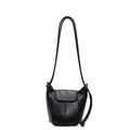 Minimalist black PU leather pumpkin bucket bag with drawstring knot details and flap closure - Black