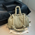 Quilted olive green nylon bucket bag with thick handle and front zipper pocket - Bean Green