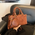 Retro brown square tote bag with round mini coin purse and golden metal hardware details - Brown