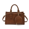 Vintage dark brown faux leather square tote bag with round purse and golden hardware - Brown