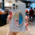 Détail de coque iPhone pailletée avec support anneau miroir strass et sequins étoiles - Compatible avec iPhone 7/8/SE 2020 / Étoile Lune - Miroir Nœud Ovale