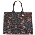 Vintage Canvas-Einkaufstasche mit Blumenstickerei, Vogelmustern und Metall-Logo-Anhänger - Schwarz