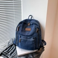 Sac à dos en denim bleu foncé avec accents en cuir brun et grande capacité pour étudiants - Bleu foncé
