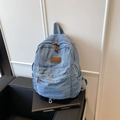 Light blue denim canvas backpack with leather patch and front zipper pocket - Light Blue