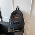 Vintage black denim canvas backpack with leather patch and double zipper closure - Black