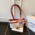 Cream white shoulder tote bag with red bow pattern and glossy leather handles - Off White