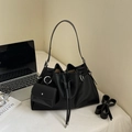 Minimalist black leather drawstring bucket bag with silver hardware and small coin pouch - Black
