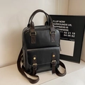 Sac à dos en cuir PU noir style britannique avec lanières marron et boucles dorées - Noir